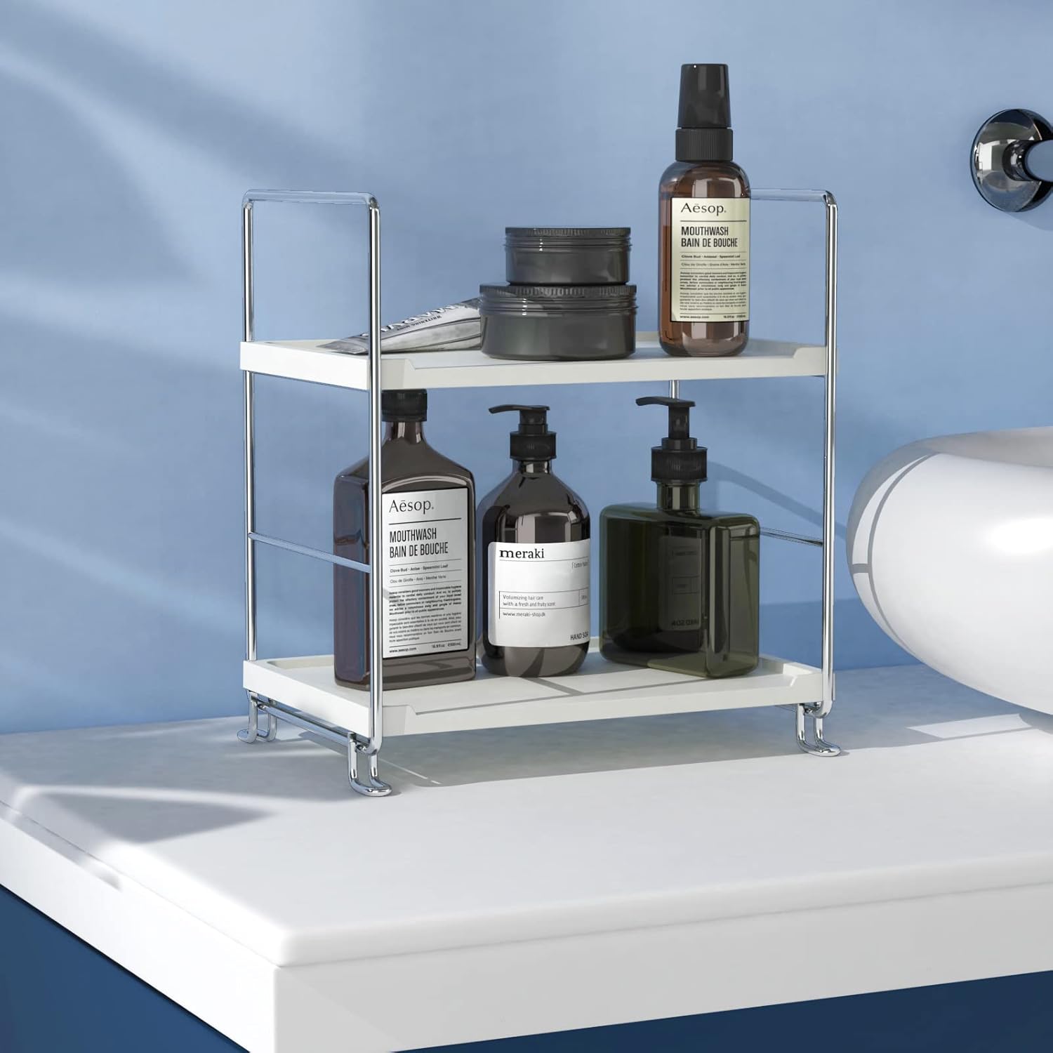 Organizador esquinero de 2 niveles para mostrador de baño, almacenamiento de perfume de maquillaje premium, bandeja de baño de pie o estante de