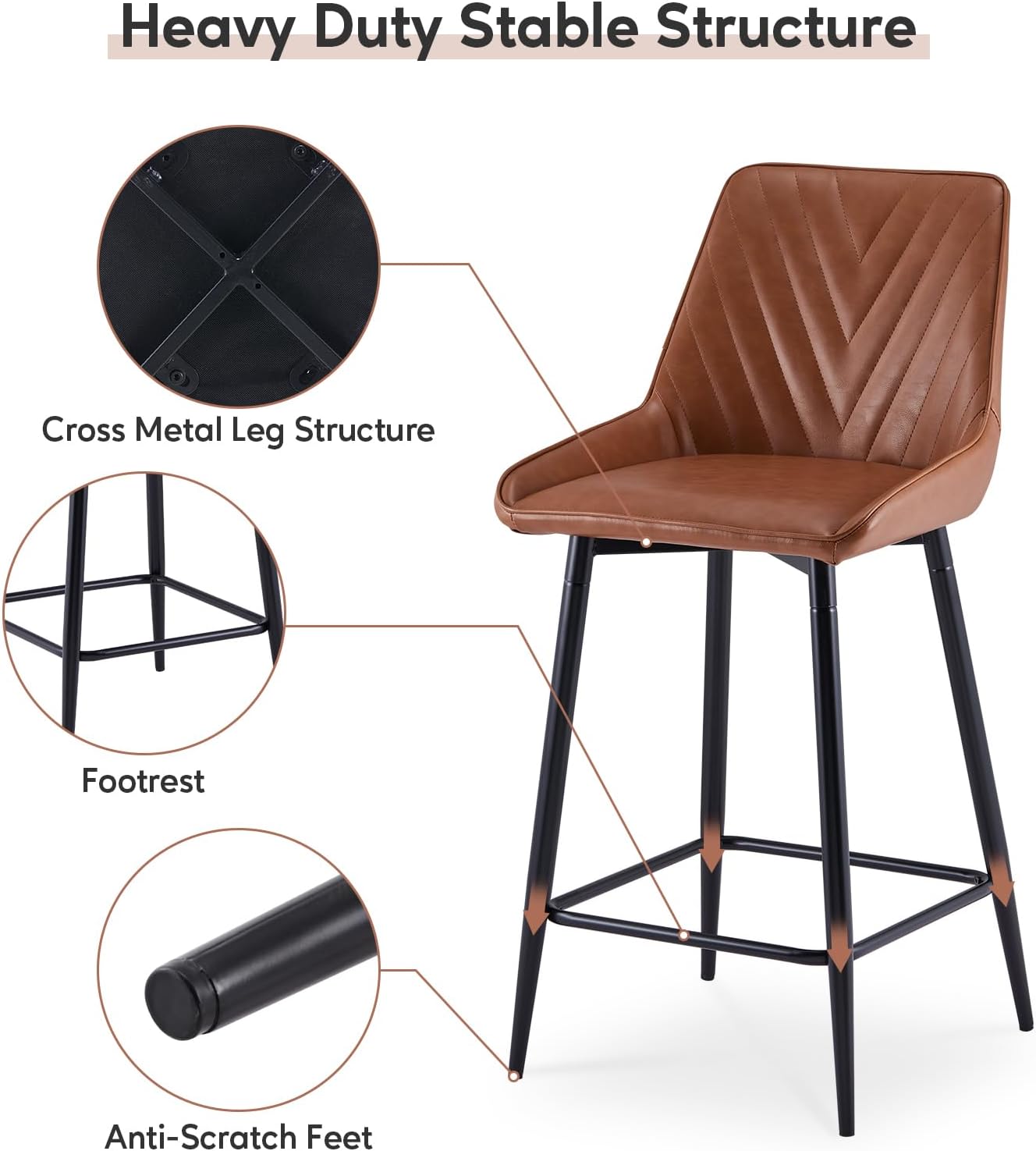 CLIPOP Taburetes de bar de metal marrón con asiento de piel sintética, 37 pulgadas de alto x 17.3 pulgadas de largo x 16.1 pulgadas de ancho,