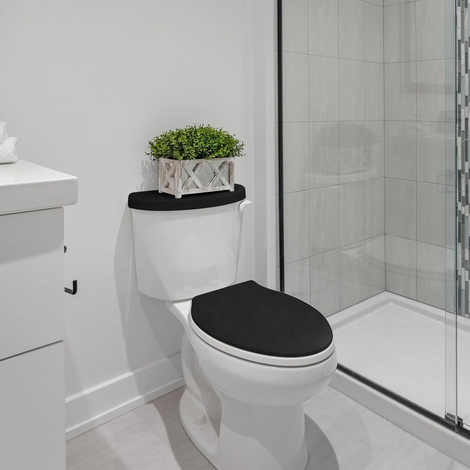 Tapa de inodoro y tapa de tanque de inodoro de repuesto con parte inferior elástica para accesorios de decoración de baño (negro)