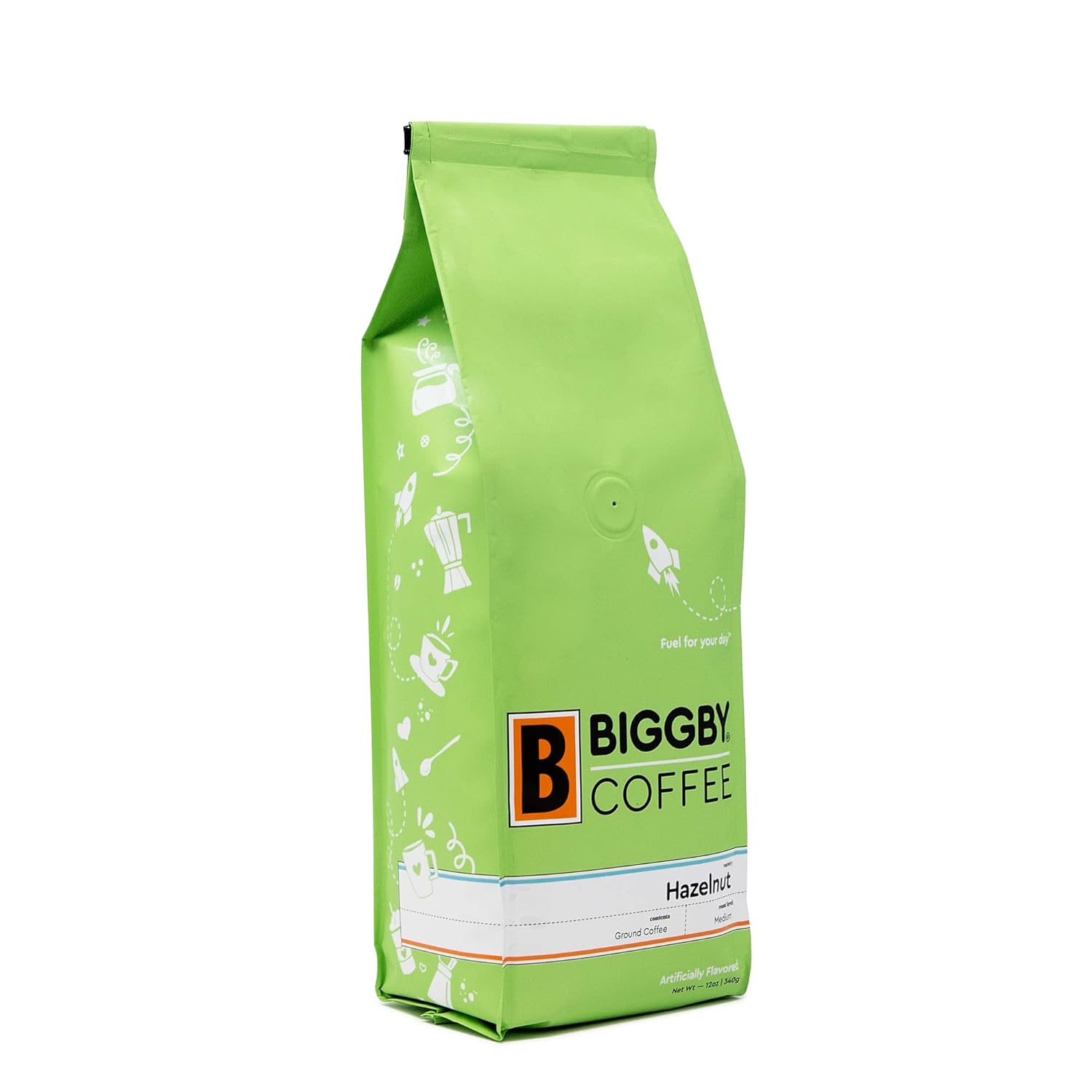 BIGGBY Café molido con sabor a avellana, bolsa sellada al vacío de 12 onzas, tostado medio