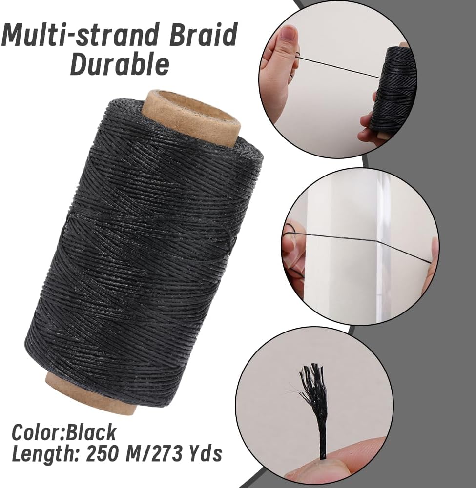 TLKKUE Kit de hilo encerado para tapicería de cuero, 273 yardas, aguja de coser recta, punzón recto, kit de costura de cuerda de cera resistente