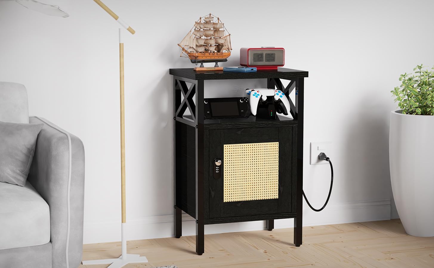 Mesita de noche de ratán con cerradura, mesa auxiliar con puerta y estante abierto, moderna mesita de noche de madera para dormitorio, sala de