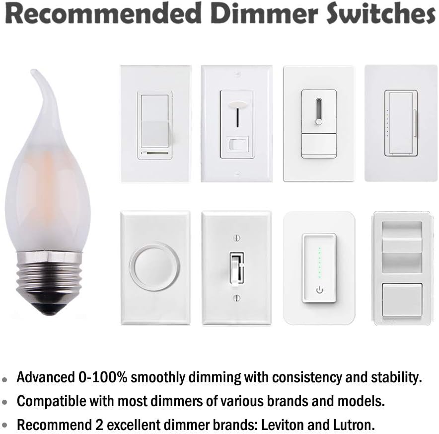 Bombilla LED para candelabro C35 de 2 W (equivalente a 25 W) regulable, lámpara de filamento LED, luz blanca cálida de 2700 K, vidrio esmerilado,