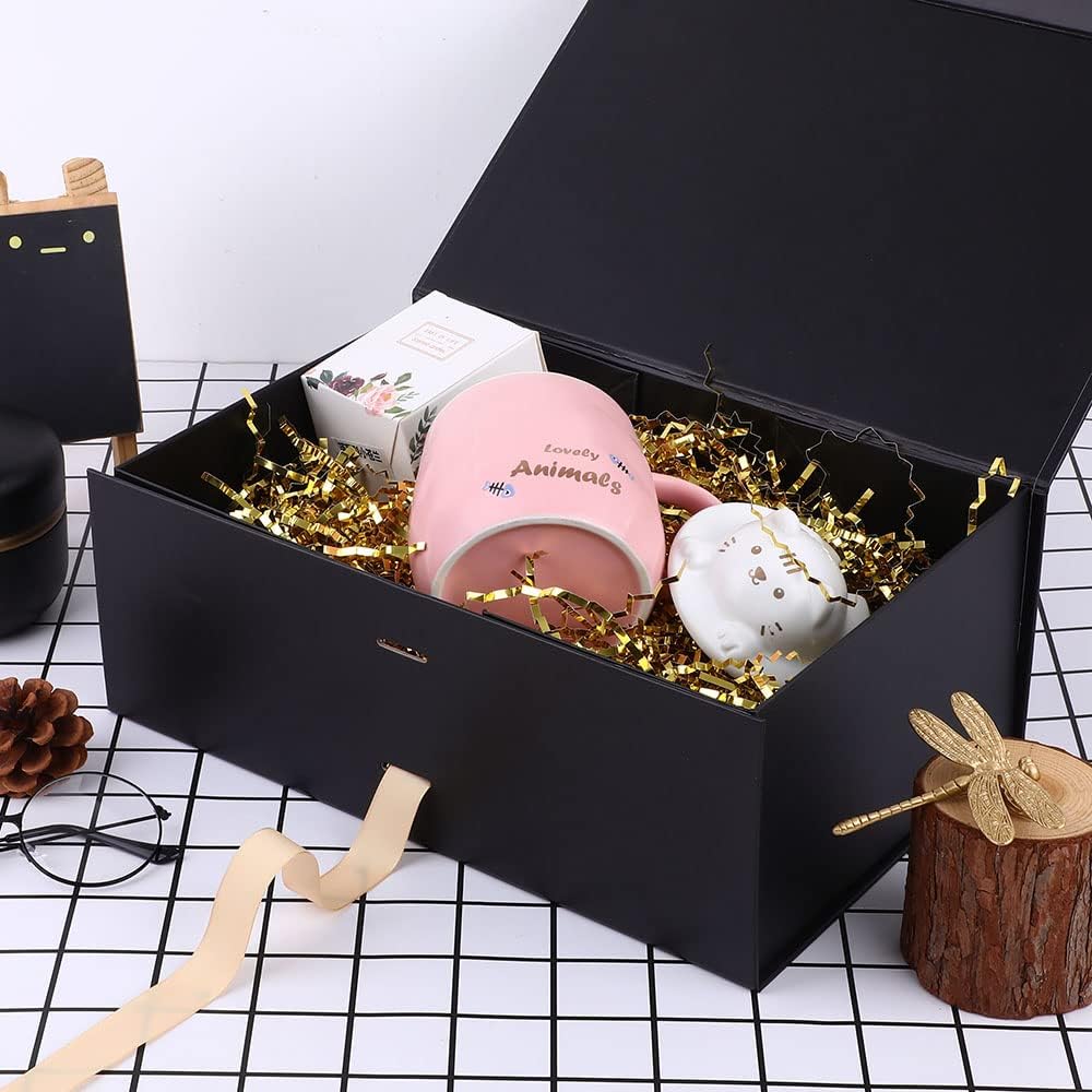 Caja de regalo negra grande, 12 x 8 x 4.5 pulgadas, caja de regalo grande con cinta, caja de regalo negra con tapa de cierre magnético, caja de