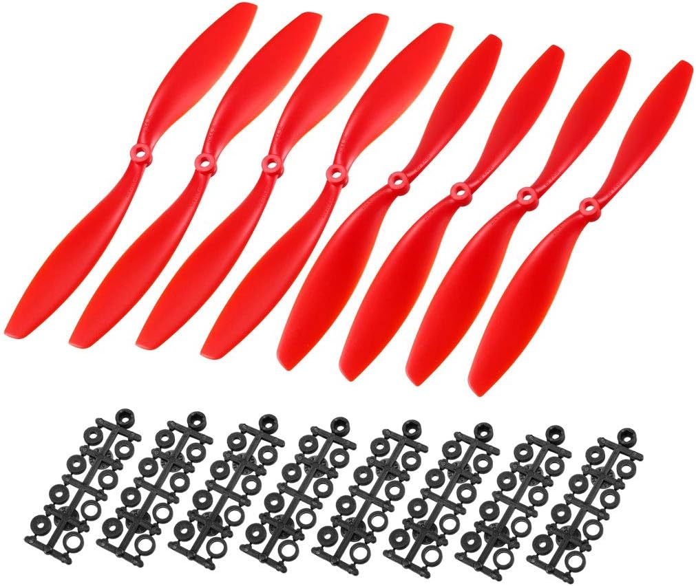 uxcell Hélices RC CW CCW 1045 10×4.5 pulgadas, 2 paletas de ala fija para avión, nailon rojo, 4 pares con anillos adaptadores