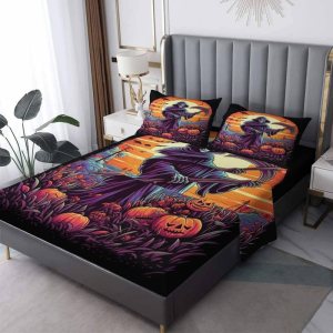 Grim Reaper – Juego de sábanas tamaño King, sábanas de calabaza de Halloween, microfibra suave y bolsillo profundo, sábanas y fundas de almohada Grim Reaper – Juego de sábanas tamaño King, sábanas de calabaza de Halloween, microfibra suave y bolsillo profundo, sábanas y fundas de almohada