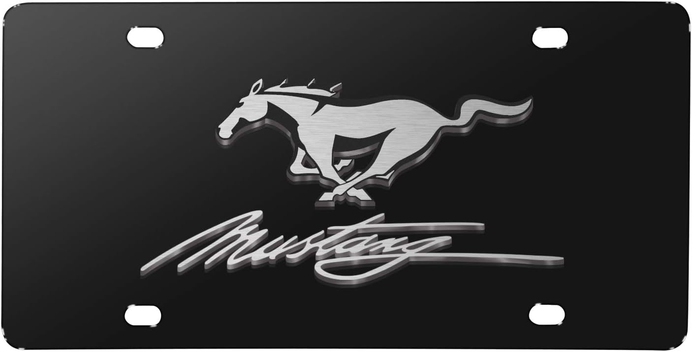 Placa de acero inoxidable negra con logotipo 3D de Ford Mustang Pony y Script, fabricada en los Estados Unidos, con licencia oficial