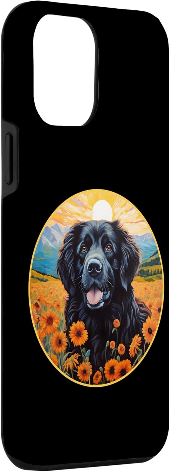Funda para iPhone 13 Pro Max Linda Terranova Perro Colorido Flor Montaña Puesta de Sol Newfie