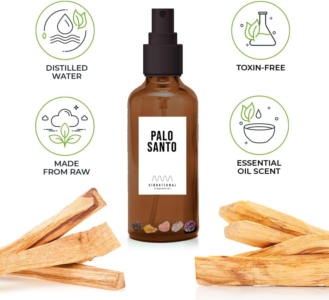 Palo Santo – Spray para manchas con cristales de cuarzo para cuerpo y espacio, limpiador de energía negativa, ambientador natural en aerosol,