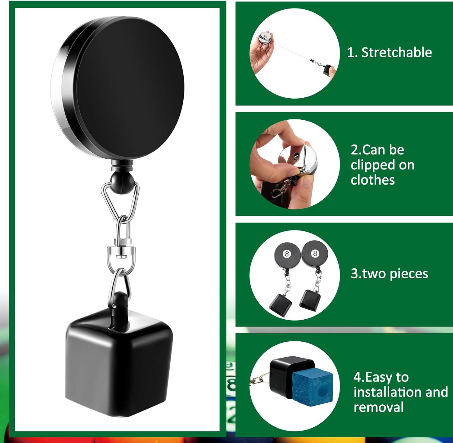 Wettarn Juego de 2 cubos de tiza para billar y 8 cubos de tiza de billar, clip retráctil para cinturón de dibujo, soporte para tiza de piscina, taco