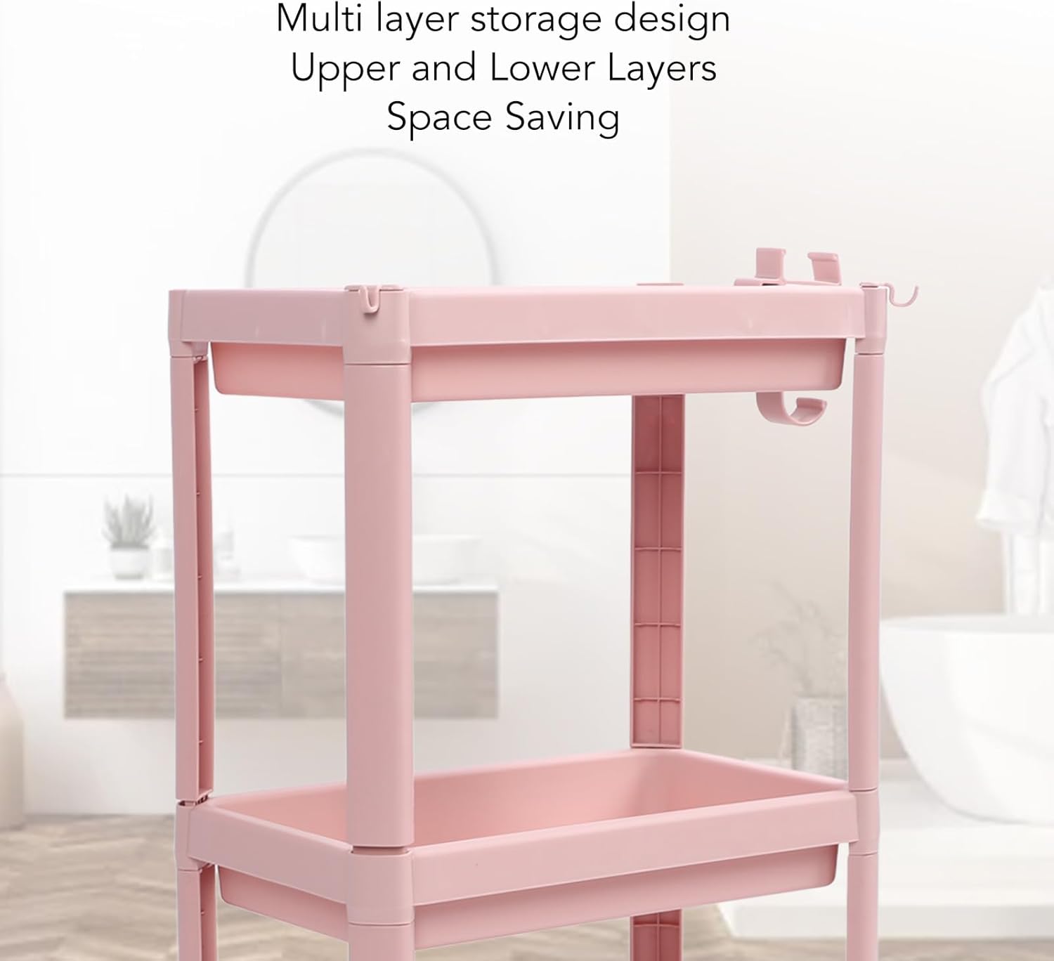 TUWEI Estantería de pie, estante multifuncional de varios niveles para dormitorio, color rosa resistente (3 capas (con ruedas))