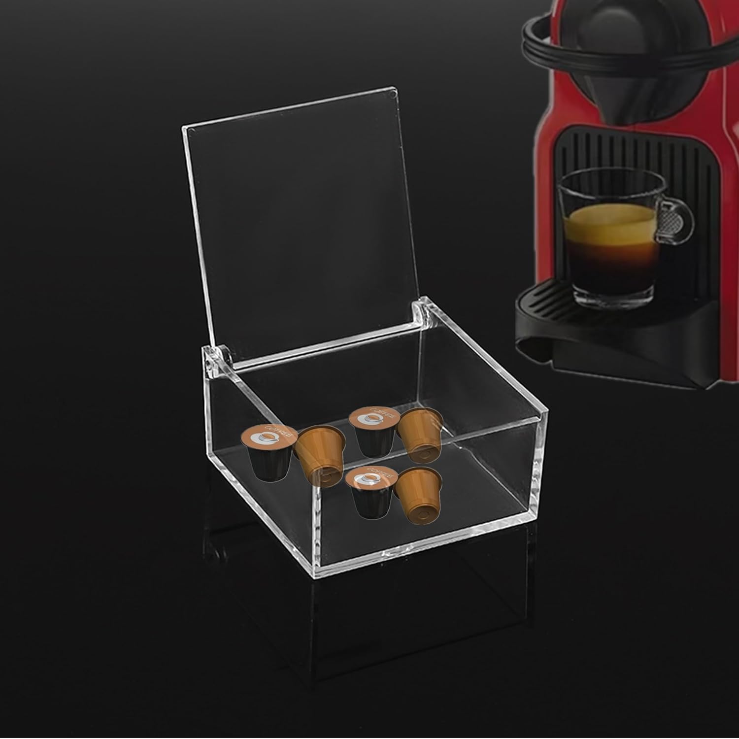 KissYou Caja de acrílico con tapa, caja de almacenamiento transparente, soporte para cápsulas de café, accesorios organizadores, antipolvo, caja