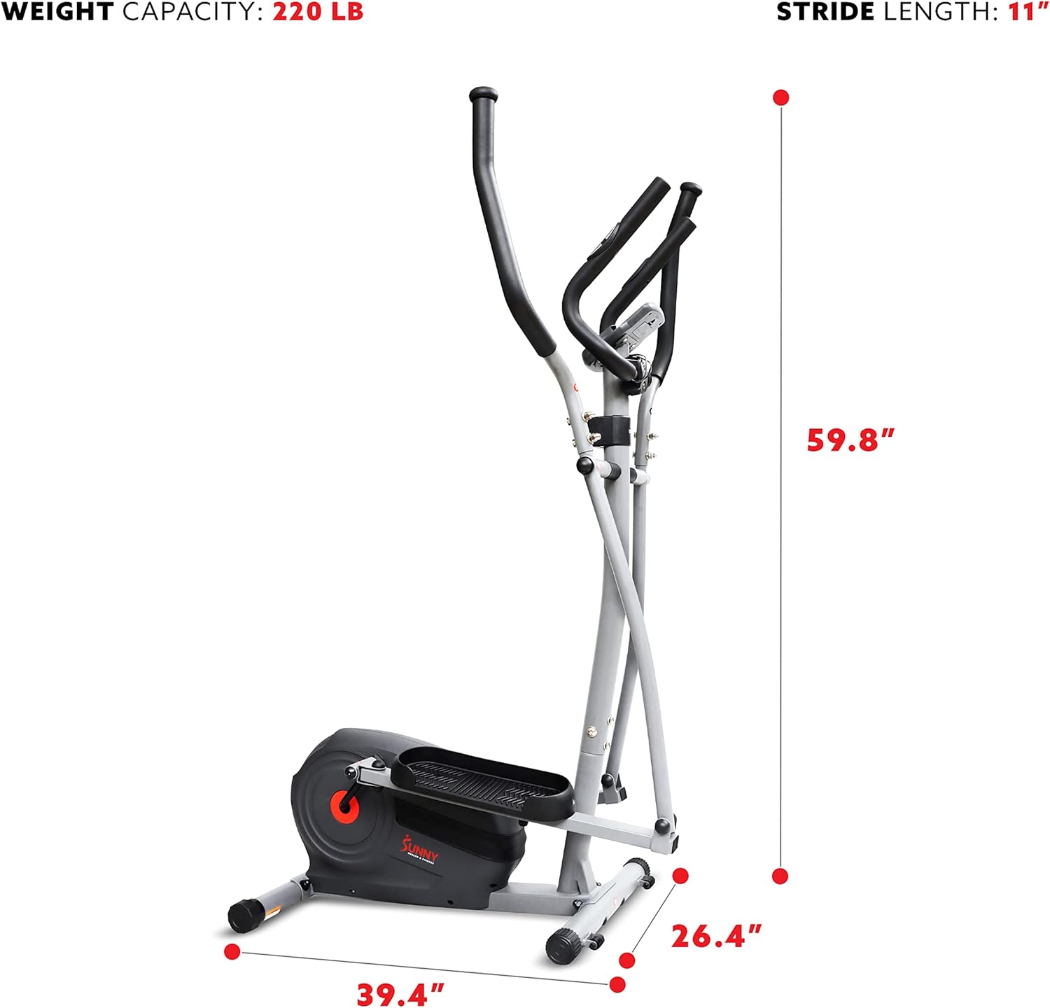 Sunny Health & Fitness Máquina elíptica magnética con monitor de rendimiento LCD, sensor de pulso, estabilizadores de piso, bajo impacto,
