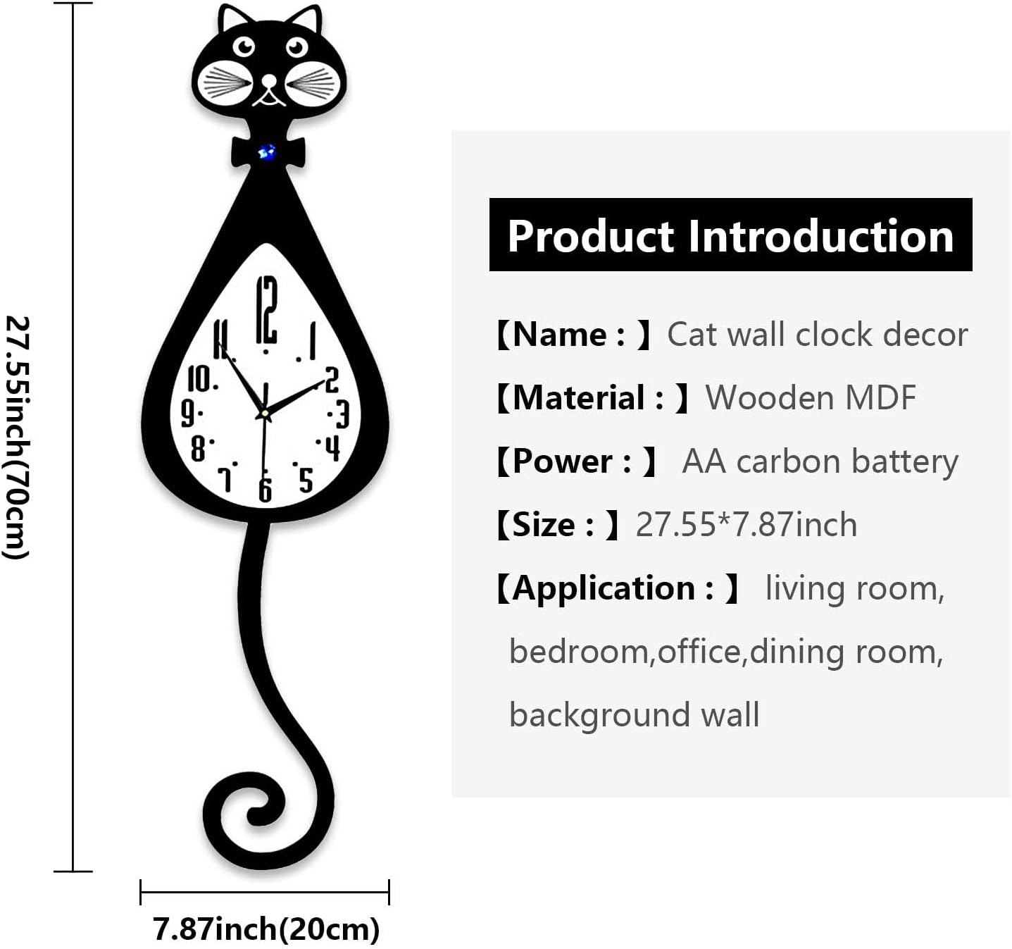 Reloj de pared con péndulo para decoración de gatos, funciona con pilas, reloj de gato negro silencioso con cola giratoria, reloj grande de madera