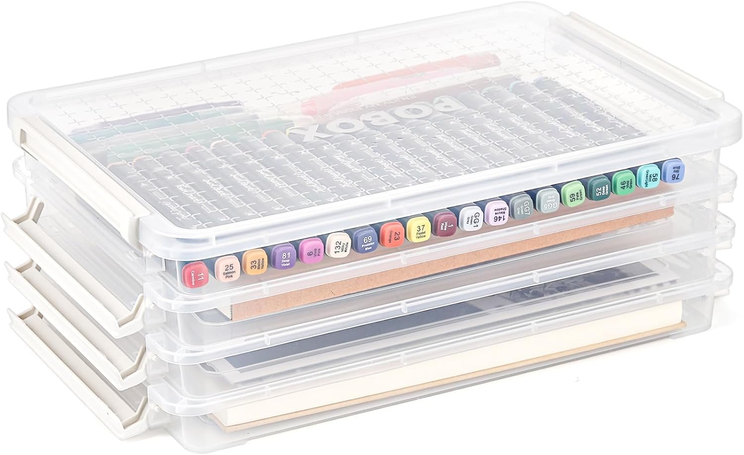 Hiceeden Paquete de 4 cajas de almacenamiento de documentos de plástico con 1 tapa, caja de archivos transparente apilable con hebilla, funda