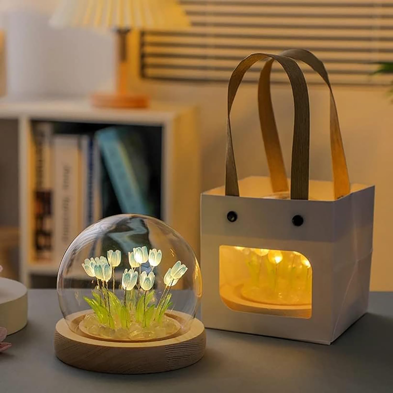 Luz nocturna de tulipán DIY, decoración de muebles hecha a mano, 13 flores, flores de simulación azul, lámpara de mesa para dormir, ornamento de