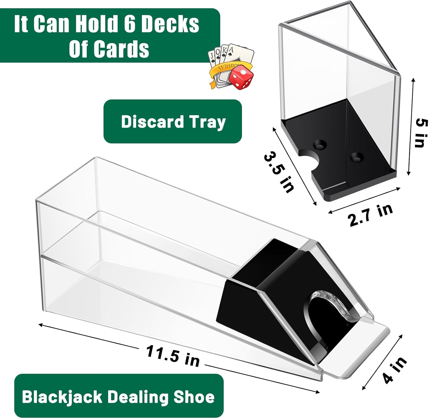 Honoson Bandeja de fichas de póquer de plástico, bandeja de fichas de distribuidor de póquer negro con 6 zapatos de blackjack y bandeja de desecho,