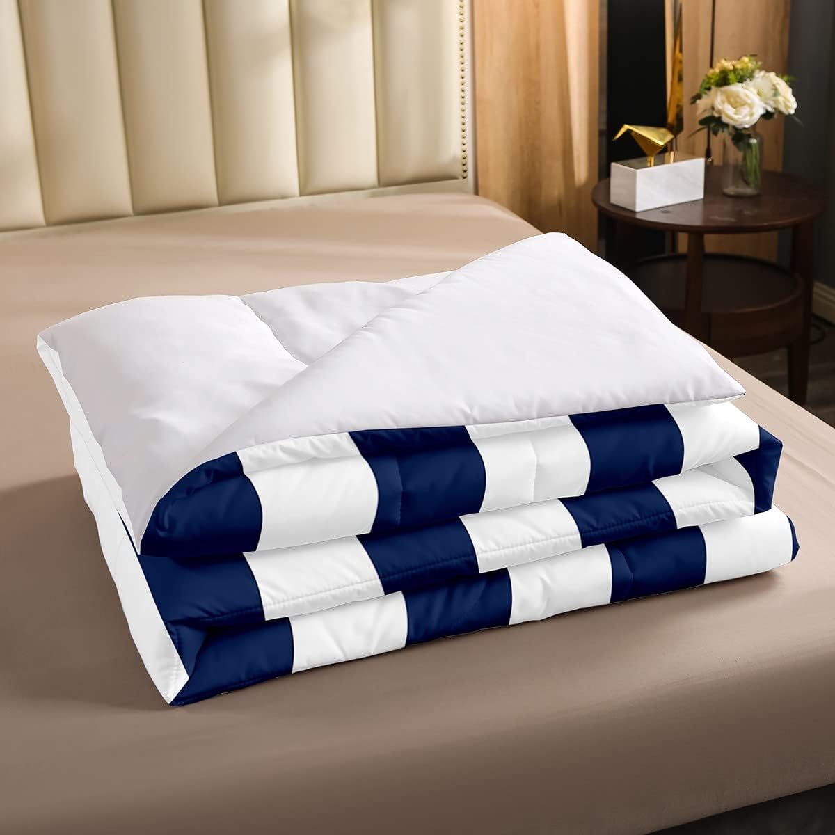 Juego de ropa de cama a rayas azules y blancas para niños, tamaño individual, color azul marino, juego de edredón de rayas verticales azul marino,