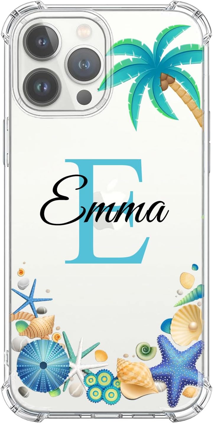 Nombre personalizado e inicial  Concha de playa  Funda transparente para iPhone 15 14 Pro Max 13 12 11 Xs Max Xr SE3 8 7 6 Plus 11 Pro Mini, con