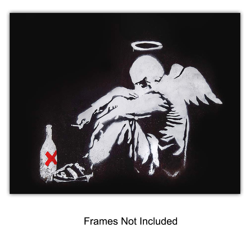Banksy Posters Set – 8×10 Urban Graffiti Wall Art – Wall Mural Set – Mural Wall Art – Fallen Angel, Forever Young – Teen Room Decor – Dorm Wall