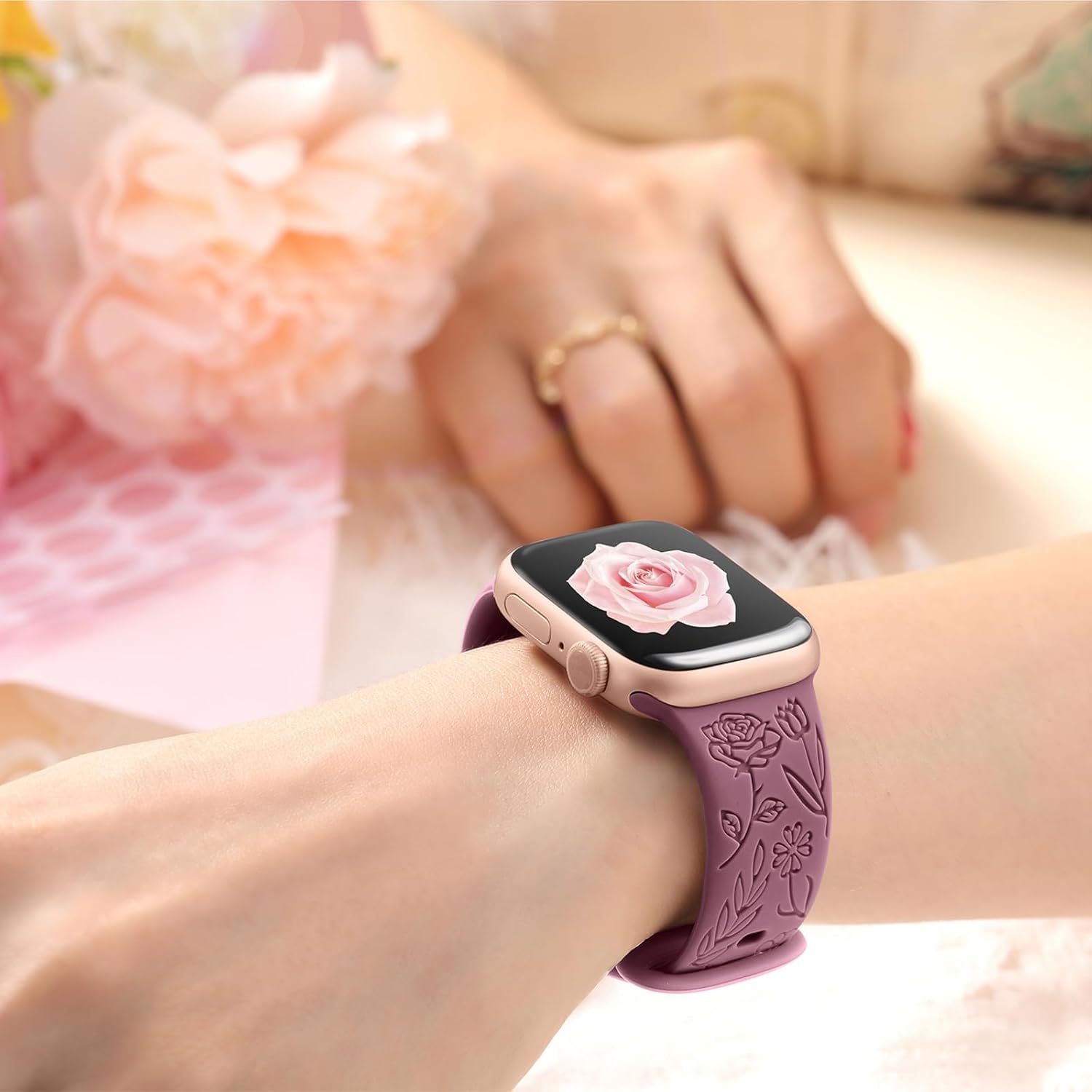 Paquete de 6 correas con grabado floral compatibles con Apple Watch Band de 1.732 pulgadas, 1.575 pulgadas, 1.494 pulgadas, 1.654 pulgadas, 1.614
