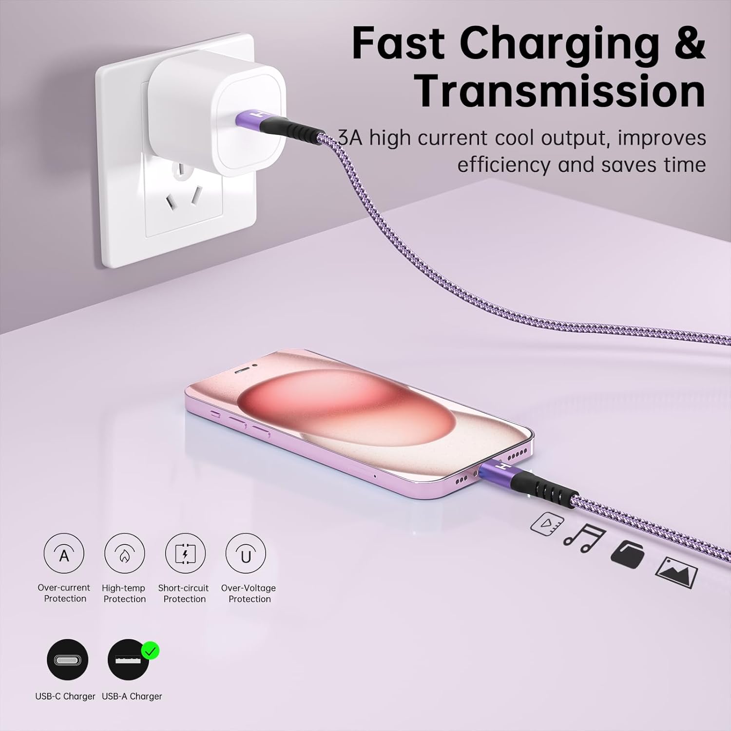 Paquete de 3 cables USB C de 6 pies, 3A60 W USB A a USB C de carga rápida, cargador trenzado de nailon duradero tipo C compatible con Galaxy S22