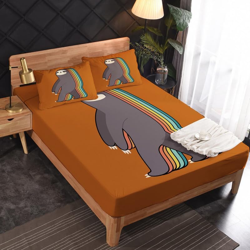 Juego de sábanas de bolsillo profundo tamaño Queen con sábanas y fundas de almohada con patrón de perezoso marrón, hecho de material 100%