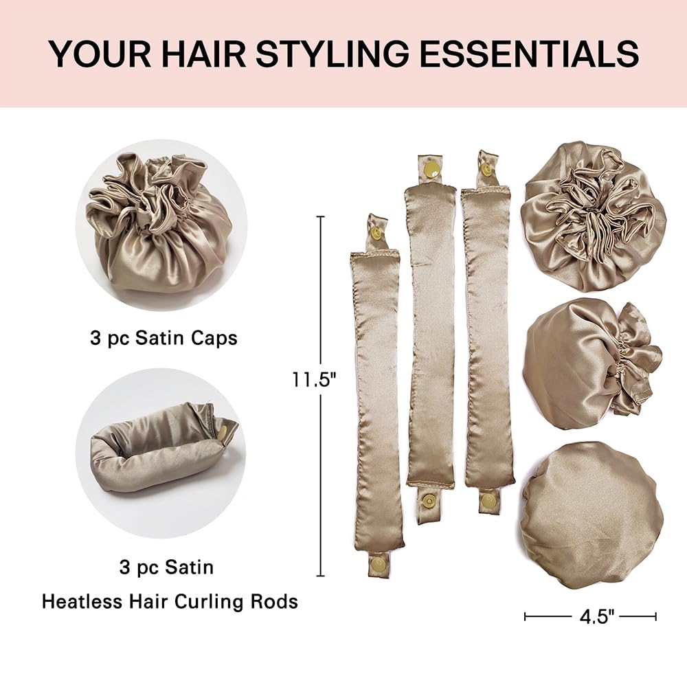 3 juegos6 rodillos de cabello sin calor de satén Ariuvor para rizos nocturnos, varillas suaves para diadema con gorras para todo tipo de cabello (3