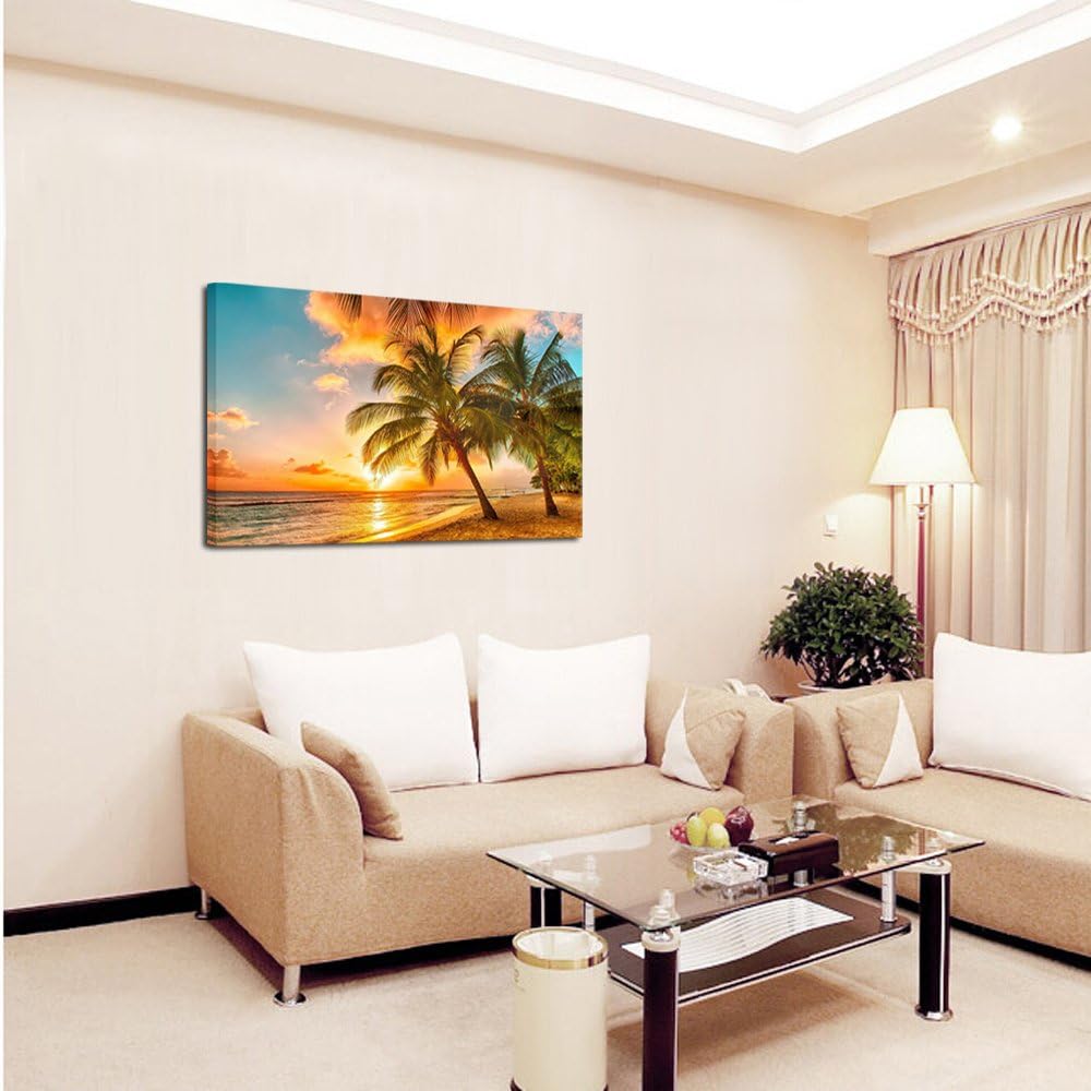 KREATIVE ARTS Lienzo grande para decoración del hogar, puesta de sol, paisaje marino, playa de coco, pintura moderna, arte de pared, lienzo