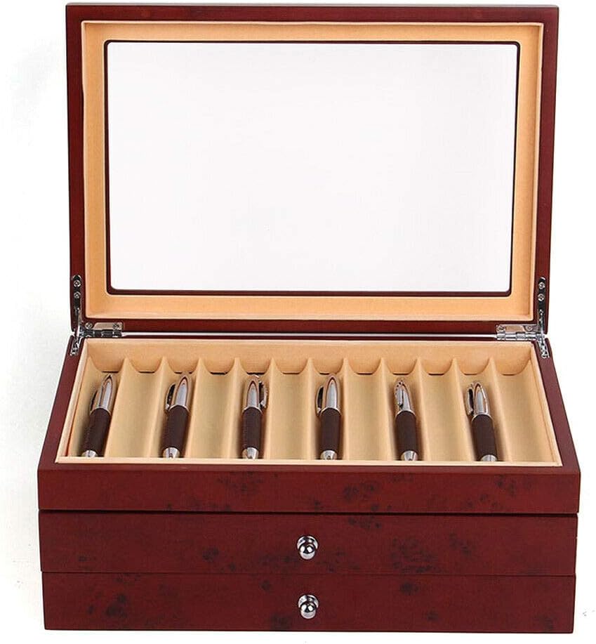CNCEST Caja de madera para bolígrafos, 3 capas, 34 ranuras, caja de almacenamiento de madera roja, caja organizadora de almacenamiento para cajones,