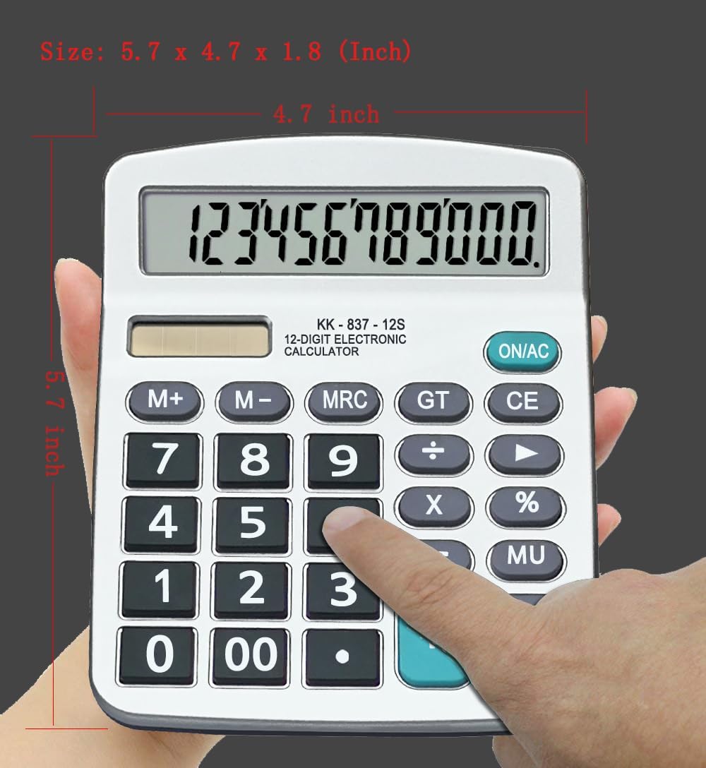 Calculadoras BESTWYA Calculadora de escritorio portátil de 12 dígitos de doble potencia con pantalla LCD grande, botón sensible grande (5 plateadas,