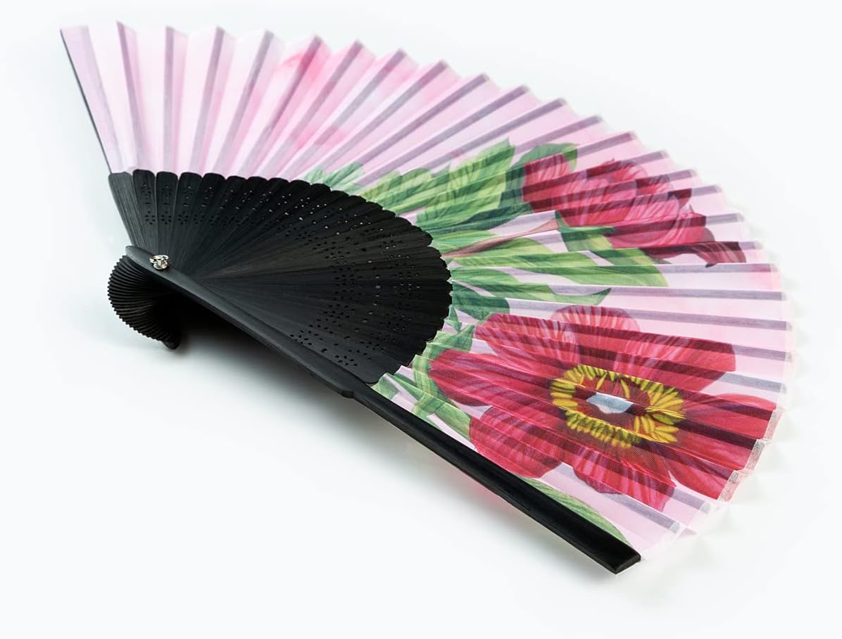 Salutto Abanicos de tela con patrón floral de mano, ideales para bodas, fiestas y eventos en la iglesia, peonía rosa