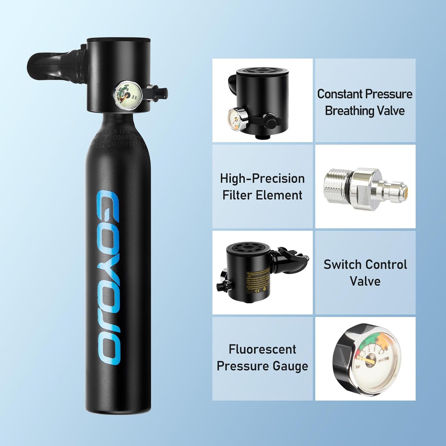 GOYOJO Tanque de buceo 0.5L Aire de repuesto 5-10 minutos Mini equipo de buceo Equipo de pulmón portátil Air Buddy Sistemas de buceo Dispositivo de