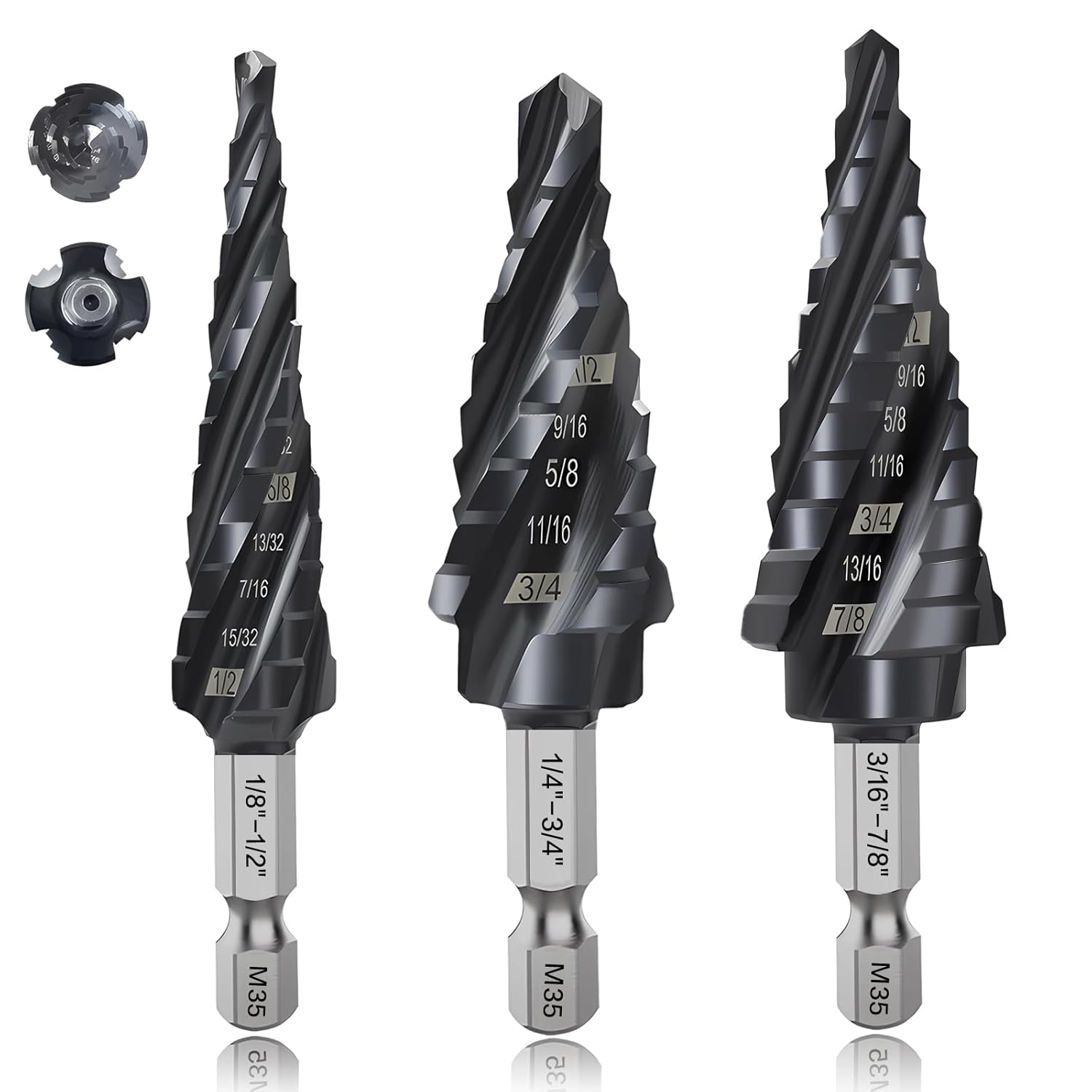 Juego de brocas escalonadas de 3 piezas para madera de metal de 18 a 78 pulgadas, 4 flautas en espiral, unibits de cobalto M35 HSS, vástago