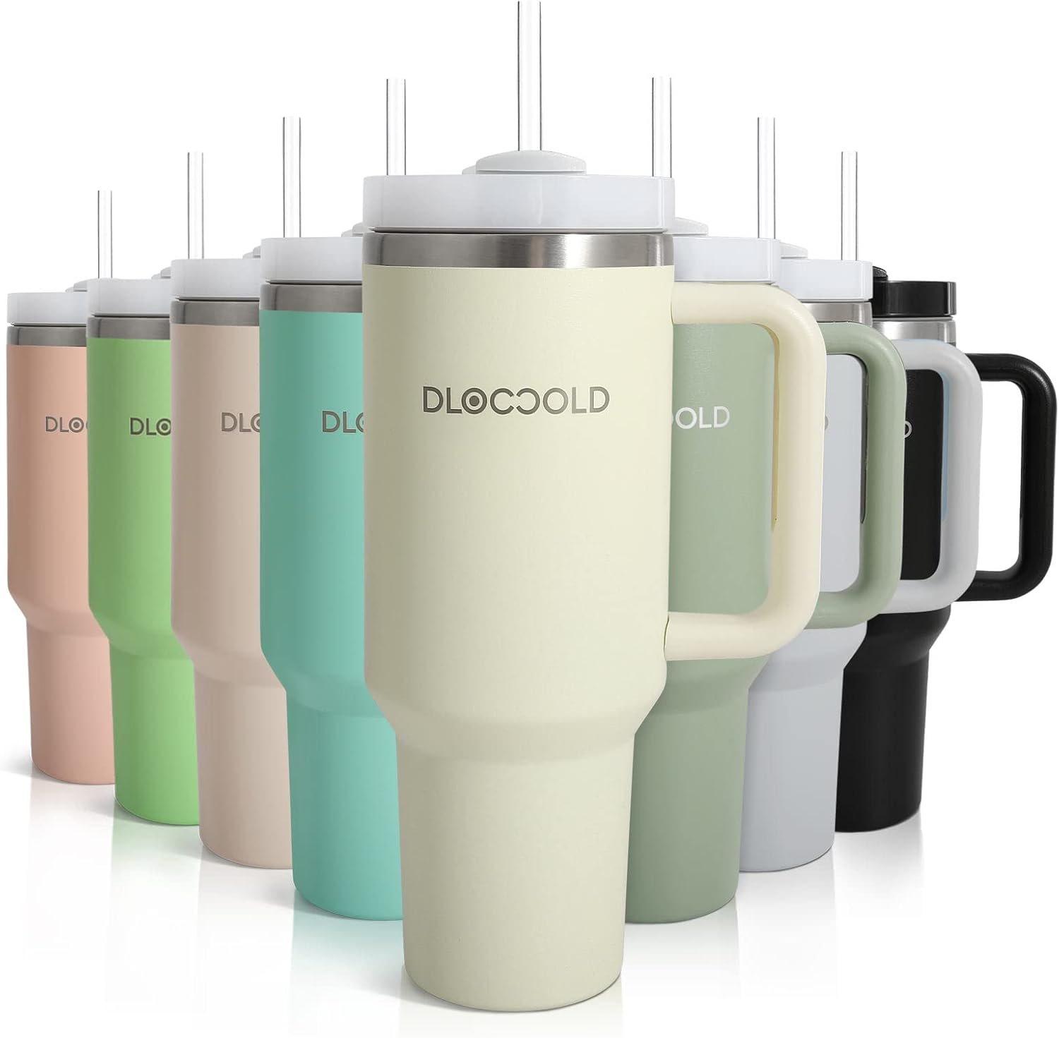 DLOCCOLD Vaso de acero inoxidable de 40 onzas con asa, vaso aislado con tapa y pajita, soporte para taza de viaje, vaso grande reutilizable para