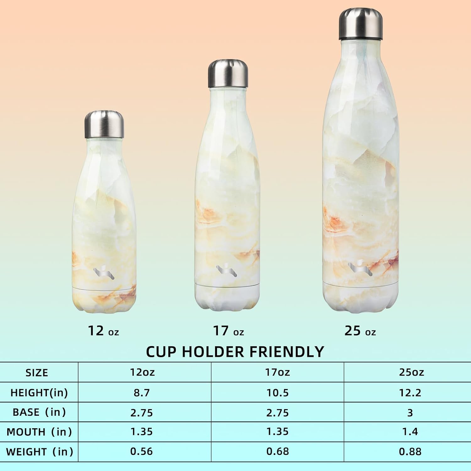 Botellas de agua aisladas, termo de acero inoxidable de doble pared de 17 onzas para viajes deportivos, mármol y jade
