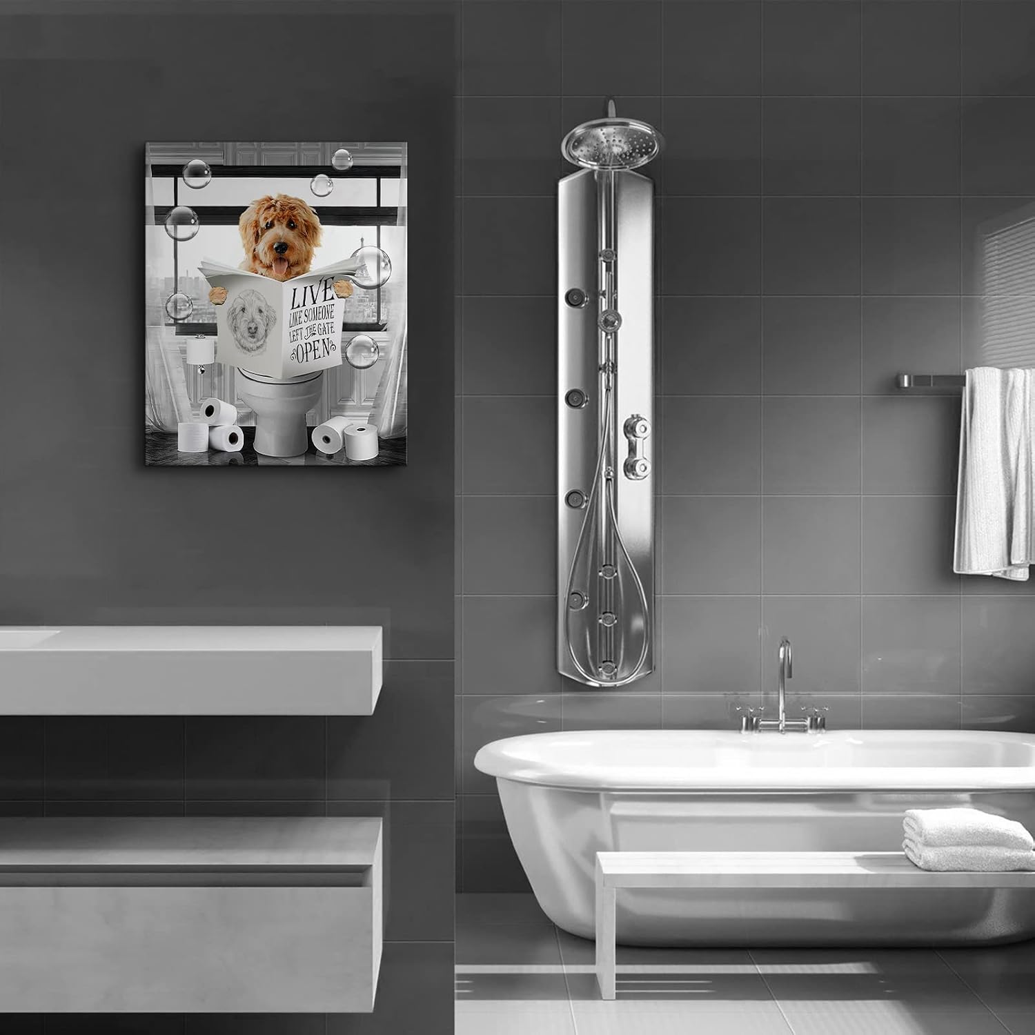 Divertido perro sentado en el inodoro, decoración de baño, arte de pared, cuadros de perros en blanco y negro, pintura de animales para baño, baño,