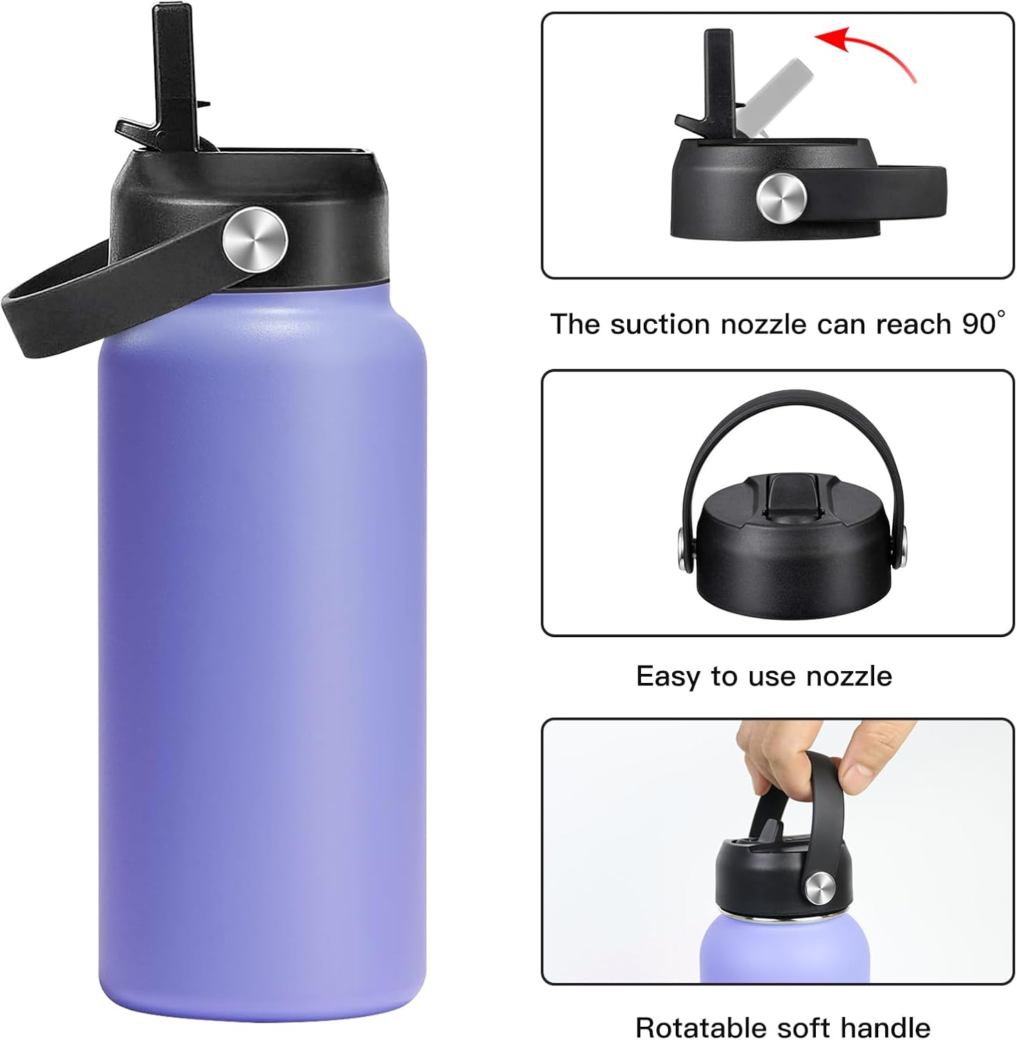 Vmini Tapa con popote, compatible con botella de agua de boca ancha Hydro Flask y más, tapa de popote con mango de goma giratorio, 2 popotes y 1