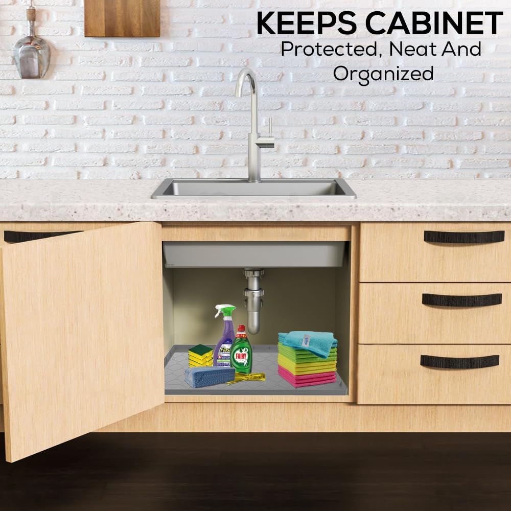 Tapete impermeable para debajo del fregadero de cocina, 34 x 22 pulgadas, forro de silicona fuerte debajo del fregadero, tapete protector de