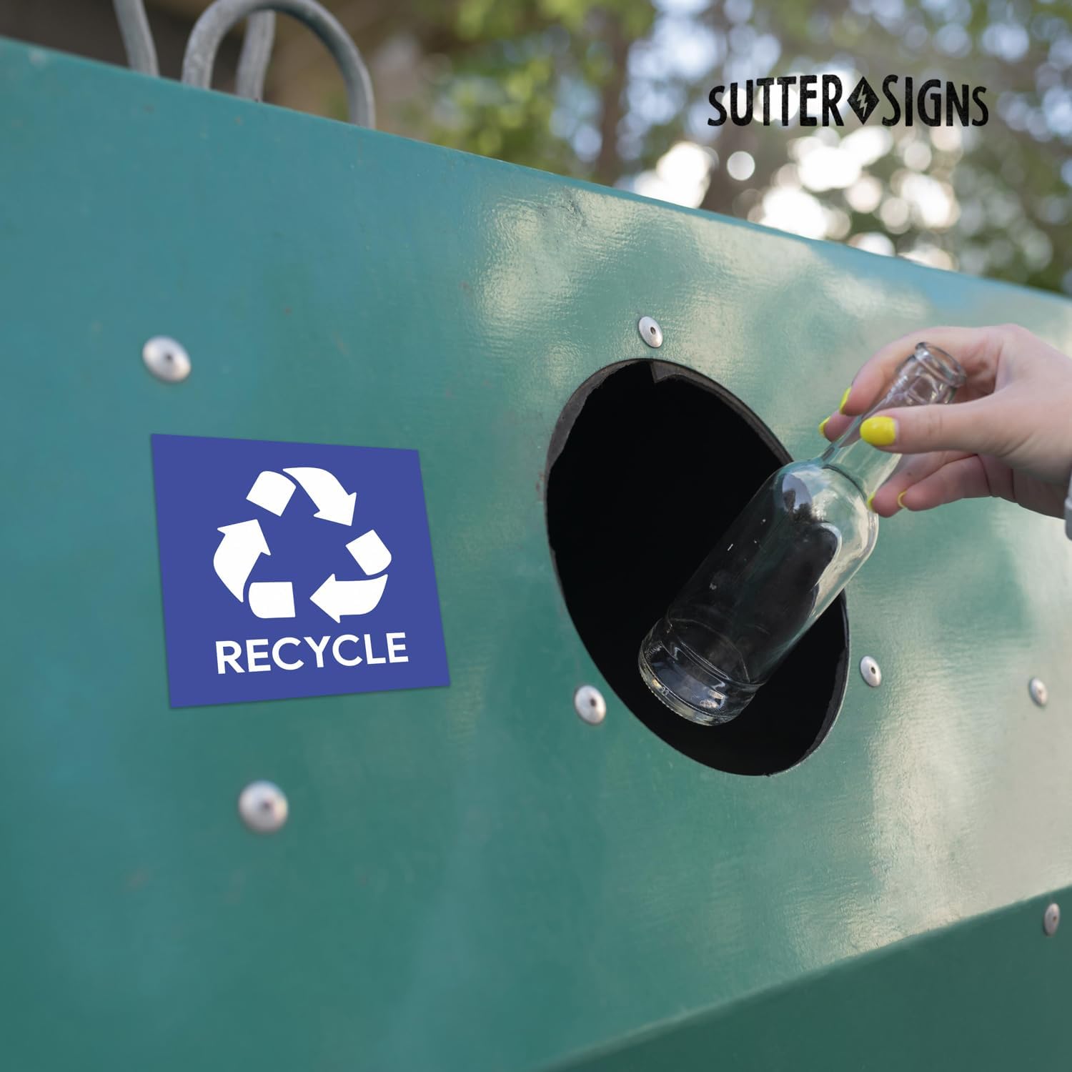 Calcomanías de reciclaje y basura, autoadhesivas de vinilo resistentes a la intemperie, negroazul, cuadrado de 5 pulgadas (paquete de 4)