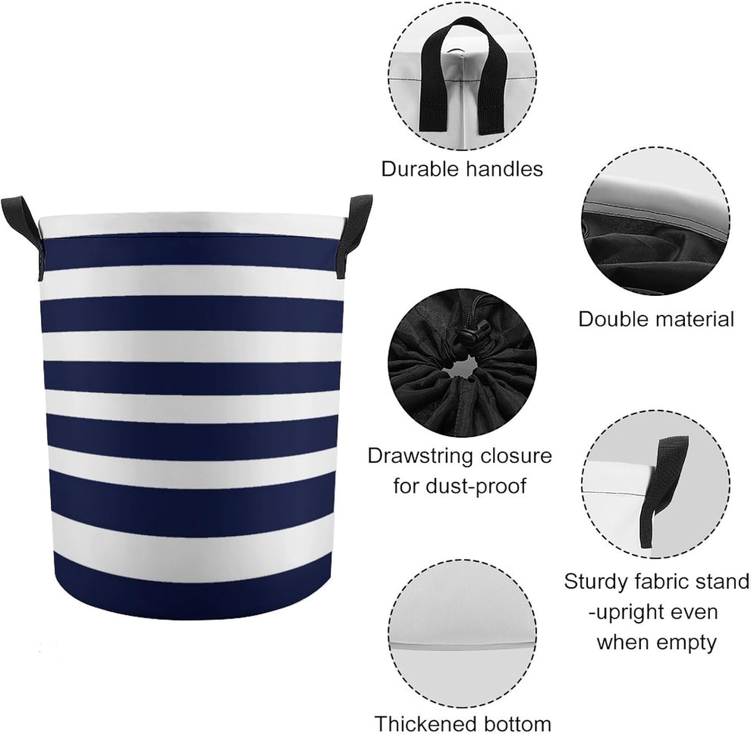 Cesta grande para ropa sucia, diseño de rayas clásicas, color azul marino y blanco, plegable, para baño, dormitorio universitario, almacenamiento