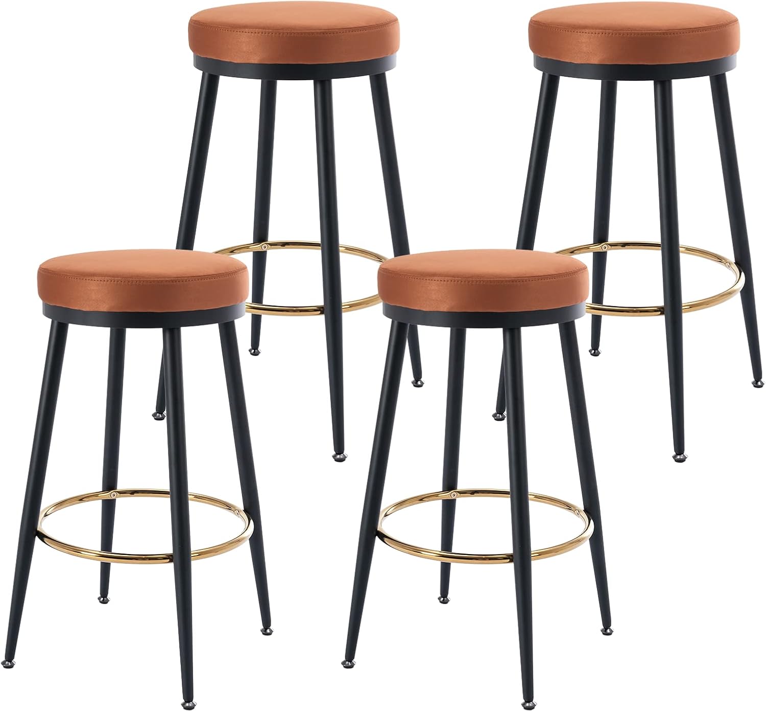 Janoray Juego de 4 taburetes de bar redondos de metal moderno con reposapiés dorado y patas de metal negro, sillas de bar de terciopelo para
