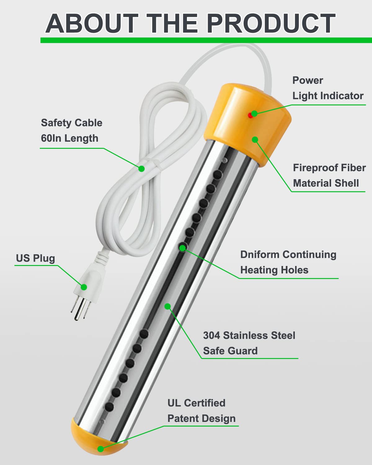 Calentador de agua de inmersión de 1500 W, calentador de agua sumergible eléctrico con controlador de temperatura de termostato y protector de acero
