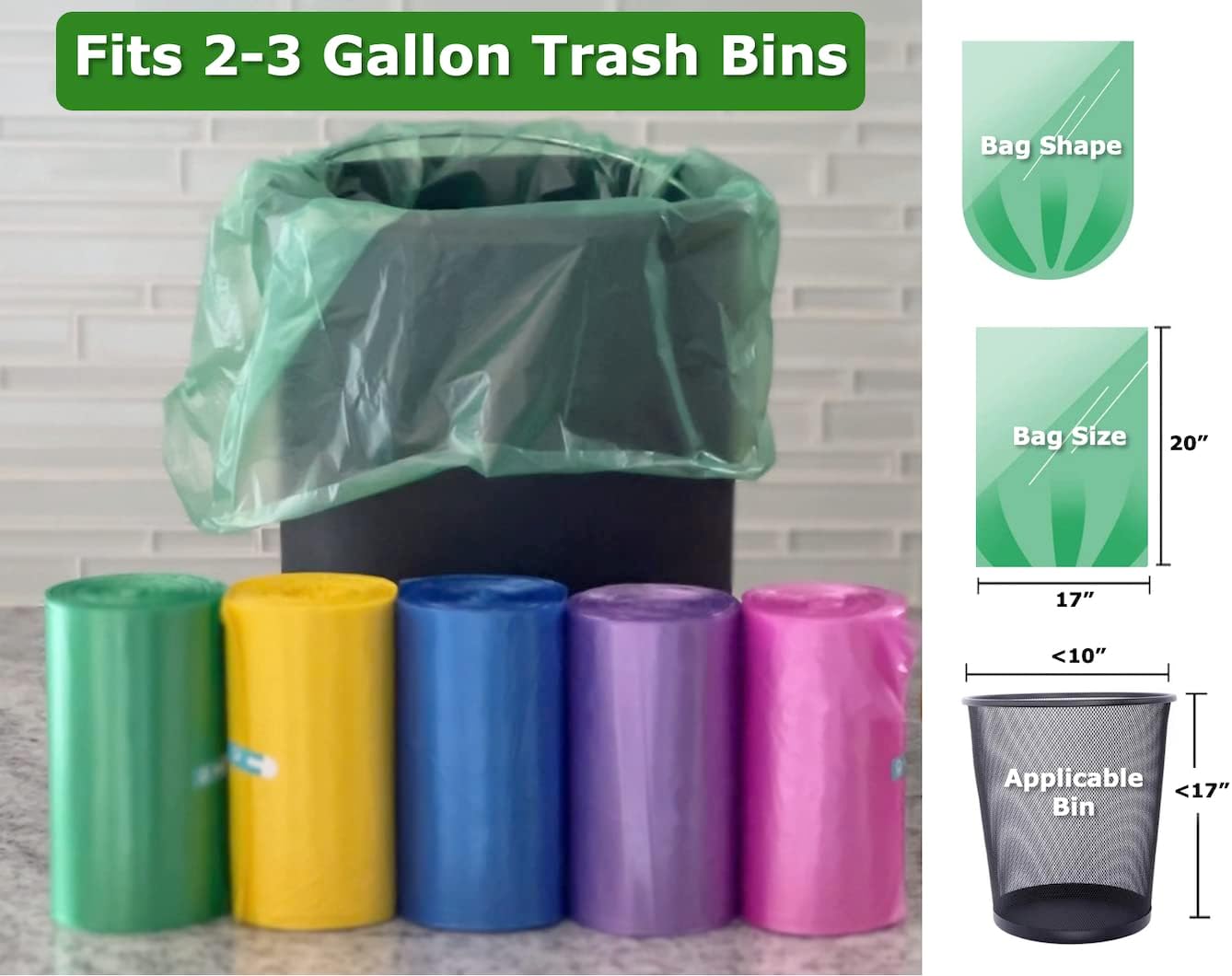 Small Trash Bags CCLINERS 2.6 Gallon Garbage Bags Small Color Bathroom Trash Bags Office Can Liners for Home Kitchen fit 2 Gallon, 3 Gallon (200