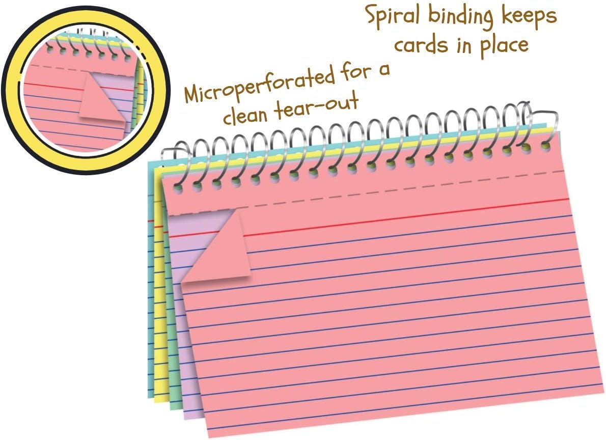 1InTheOffice Fichas de índice en espiral de 4 x 6 pulgadas, con rayas, encuadernadas en espiral, tarjetas de notas en espiral, colores surtidos, 50