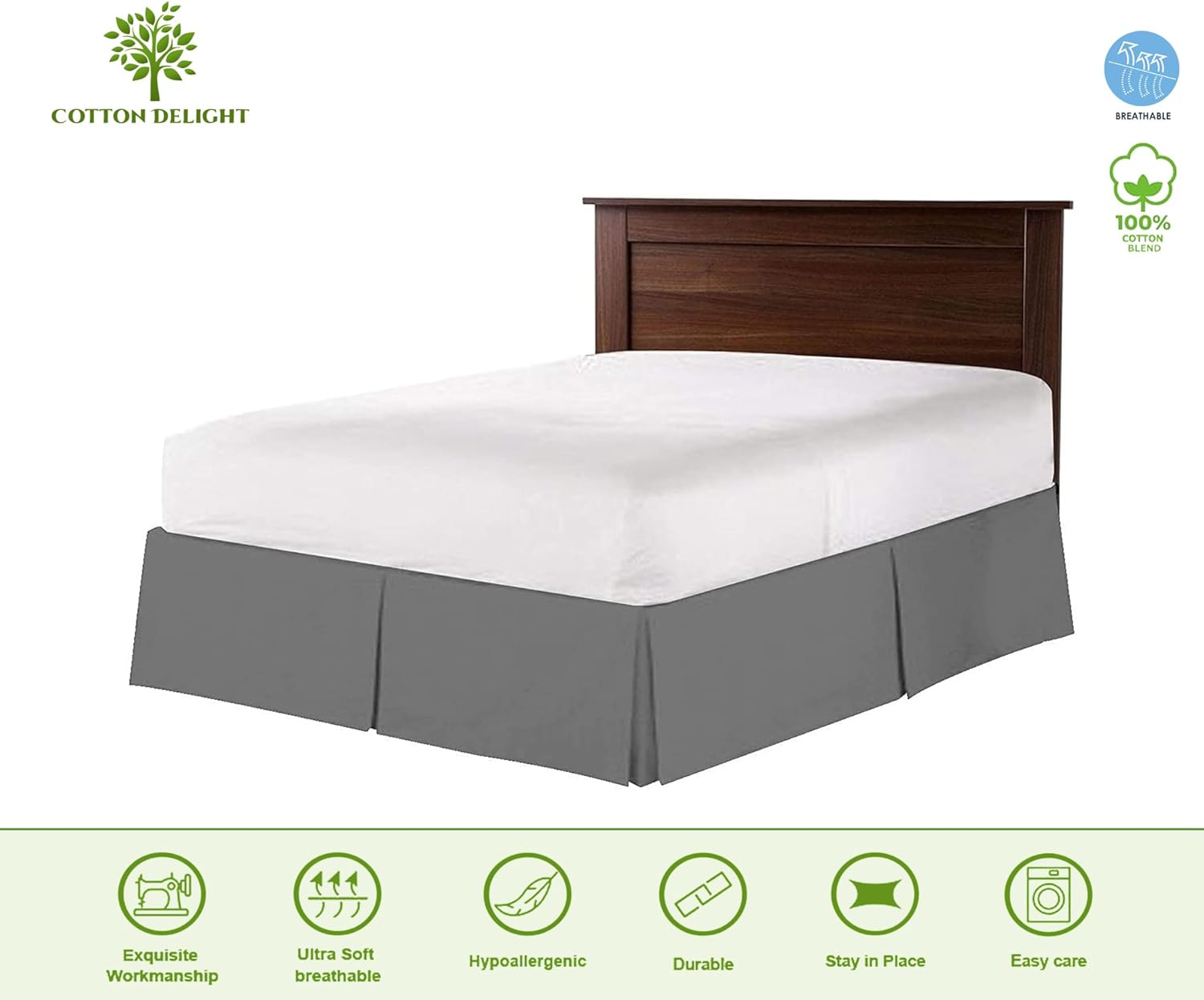 Falda de cama tamaño King, tela de mezcla de algodón 100%, ajuste a medida, 1 falda de cama tamaño King de 18 pulgadas, longitud de caída, color