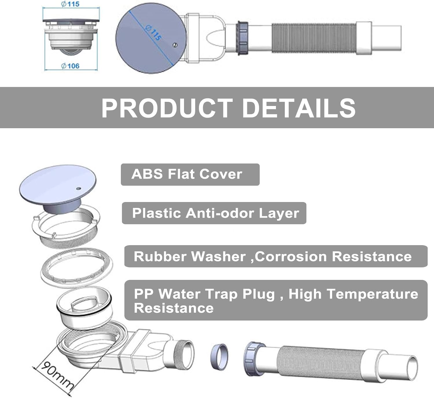 Desagüe de ducha de perfil bajo 3.543 in 33 Lmin Flujo de agua delgado drenaje prevención de olores Bandeja de ducha ABS cromado, perfil bajo P