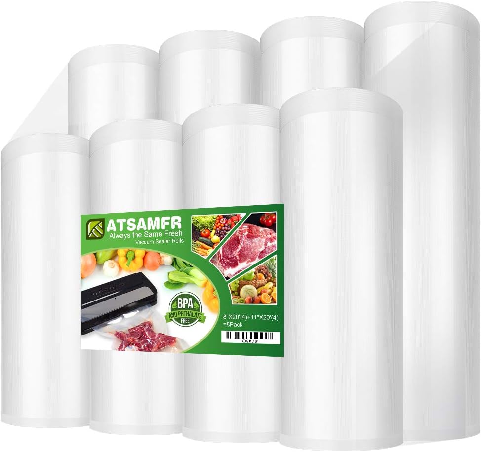 Paquete de 8 bolsas selladoras al vacío de 8 x 20 pies (4 rollos) y 11 x 20 pies (4 rollos) sin BPA, resistentes, ideales para almacenamiento de
