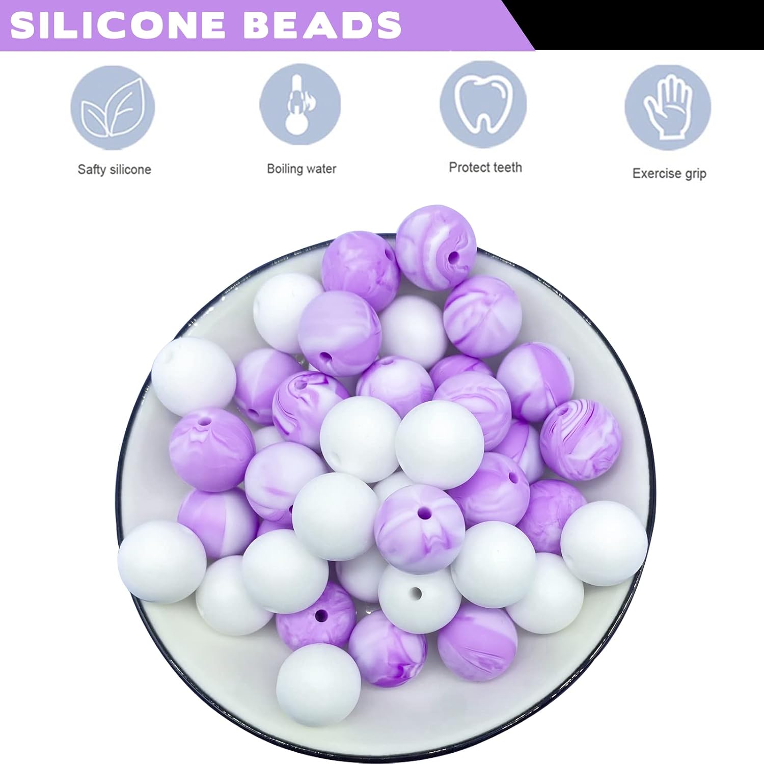 60 cuentas de silicona de 0.59 pulgadas (0.591 in), collares de cuentas de silicona para hacer llaveros con cuentas redondas de 0.59 pulgadas (0.591