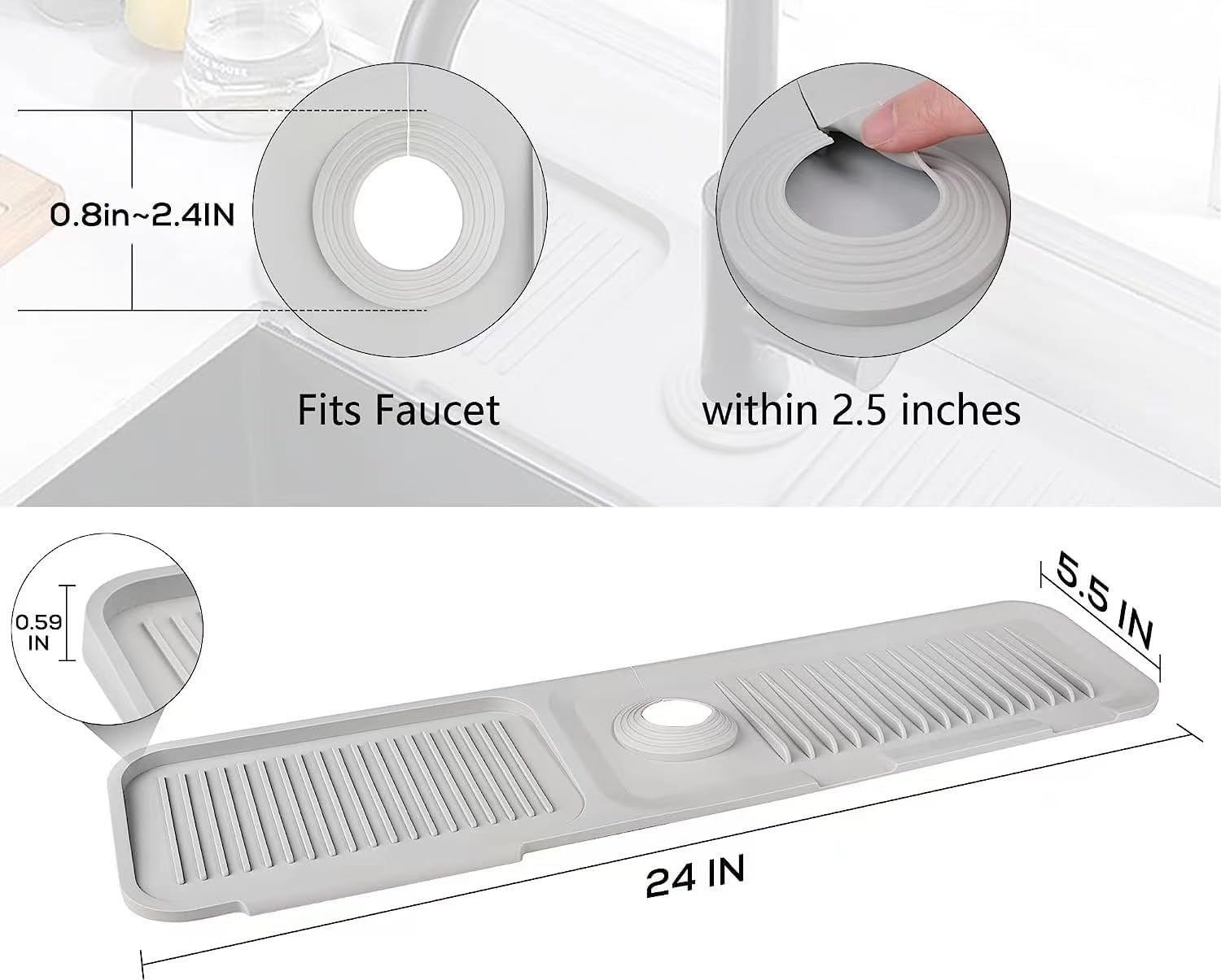 Tapete de silicona para grifo (24 x 5.5 pulgadas), tapete para fregadero, bandeja para atrapar goteo, tapete para atrapar grifos, alfombrilla